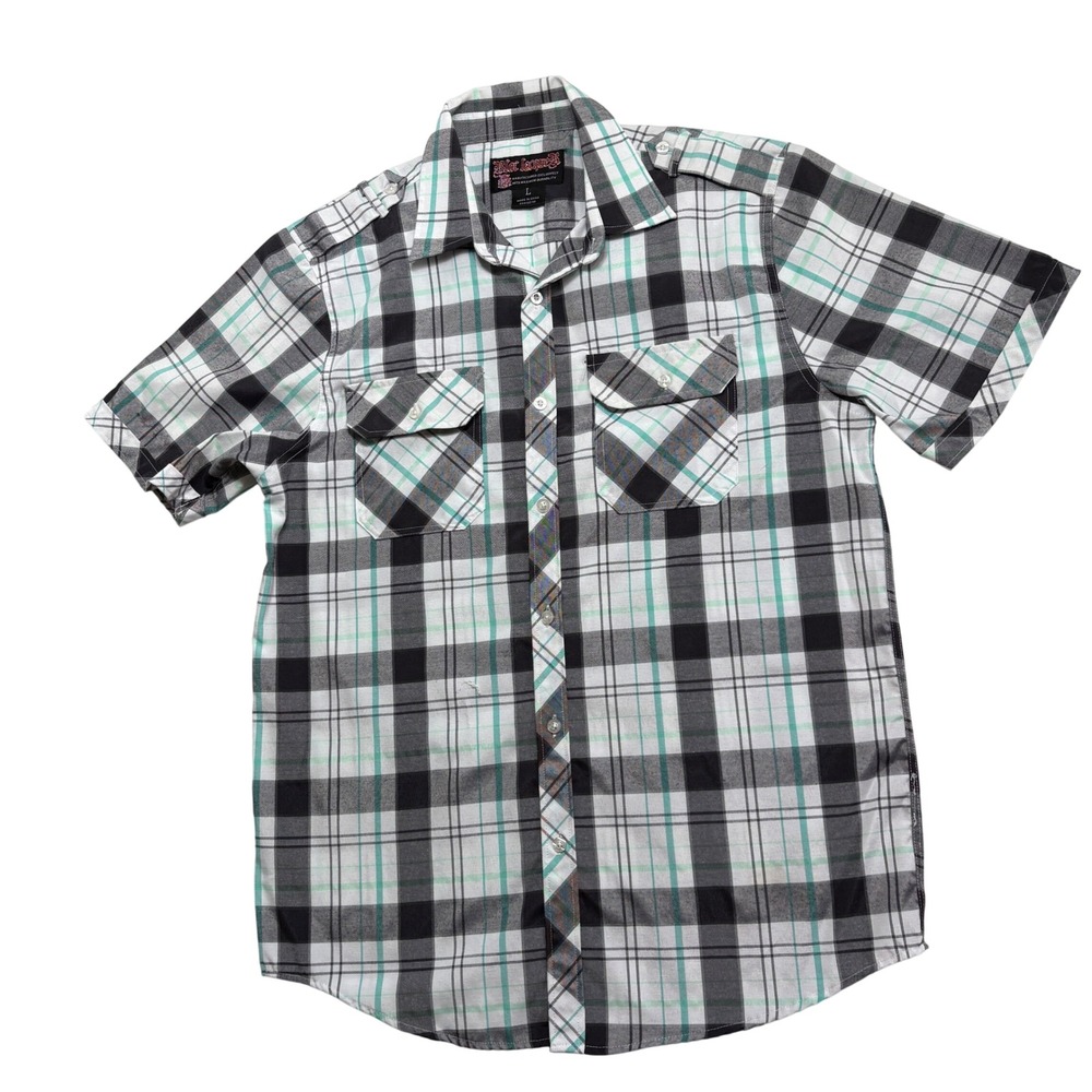 Blac LacqueR  Button Up Shirt Mens Large Black Green Plaid Short Sleeve Epaulet